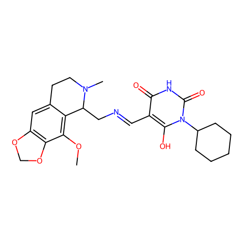 (Z)-1-cyclohexyl-5-((((4-methoxy-6-methyl-5,6,7,8-tetrahydro-[1,3]dioxolo[4,5-g]isoquinolin-5-yl)methyl)amino)methylene)pyrimidine-2,4,6(1H,3H,5H)-trione structure