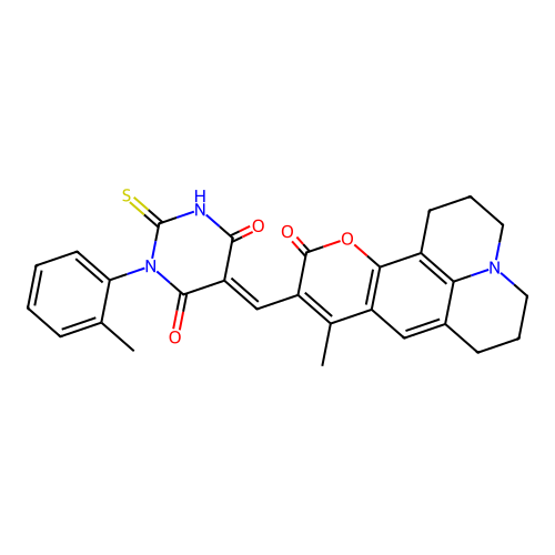 5-((9-methyl-11-oxo-2,3,5,6,7,11-hexahydro-1H-pyrano[2,3-f]pyrido[3,2,1-ij]quinolin-10-yl)methylene)-2-thioxo-1-(o-tolyl)dihydropyrimidine-4,6(1H,5H)-dione structure