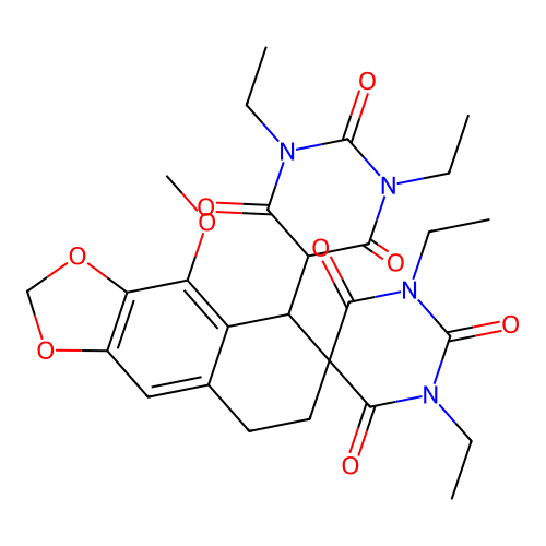 5'-(1,3-diethyl-2,4,6-trioxo-1,3-diazinan-5-yl)-1,3-diethyl-4'-methoxyspiro[1,3-diazinane-5,6'-7,8-dihydro-5H-benzo[f][1,3]benzodioxole]-2,4,6-trione structure