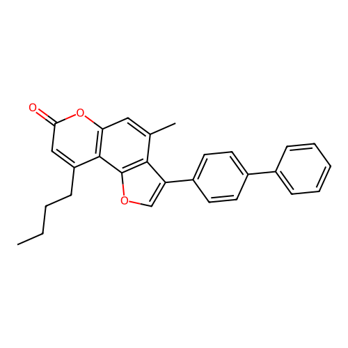 3-(4-biphenylyl)-9-butyl-4-methyl-7H-furo[2,3-f]chromen-7-one structure