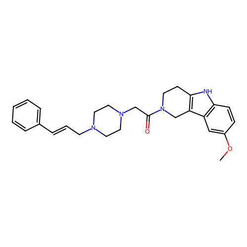 (E)-2-(4-cinnamylpiperazin-1-yl)-1-(8-methoxy-3,4-dihydro-1H-pyrido[4,3-b]indol-2(5H)-yl)ethanone structure