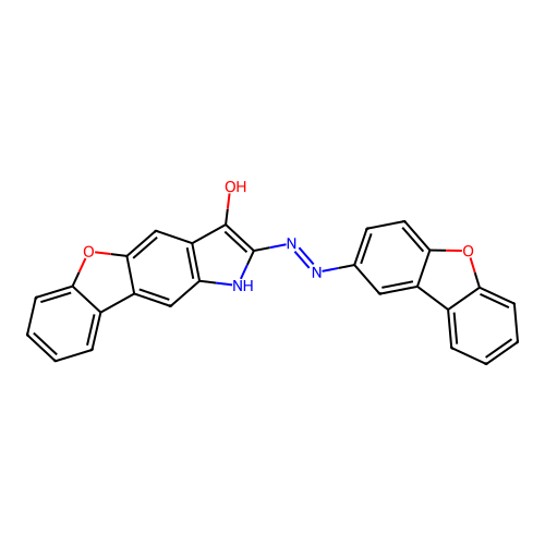 (Z)-2-(2-(dibenzo[b,d]furan-2-yl)hydrazono)-1H-benzofuro[2,3-f]indol-3(2H)-one structure