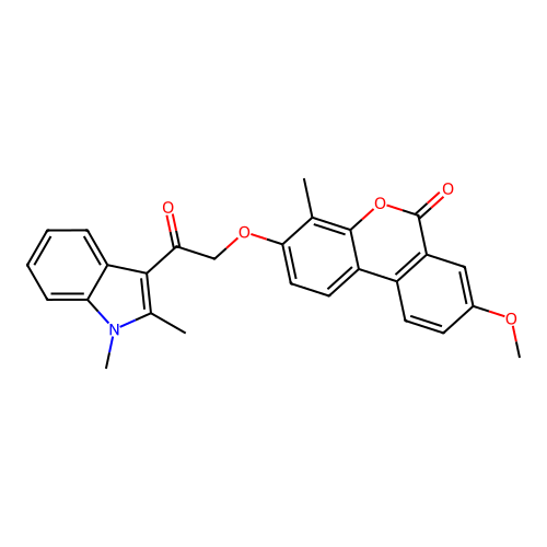 3-(2-(1,2-dimethyl-1H-indol-3-yl)-2-oxoethoxy)-8-methoxy-4-methyl-6H-benzo[c]chromen-6-one structure