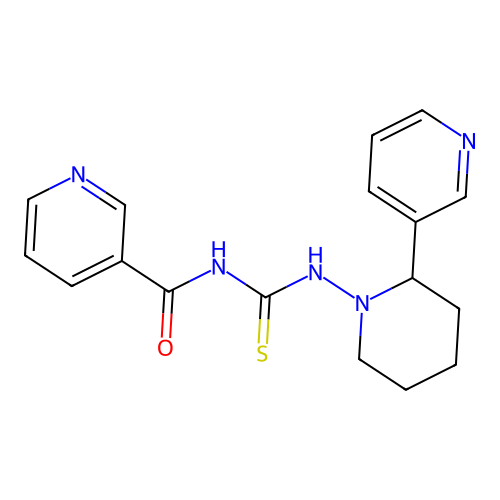 N-((2-(pyridin-3-yl)piperidin-1-yl)carbamothioyl)nicotinamide structure