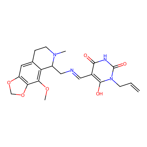 (5Z)-5-({[(4-methoxy-6-methyl-5,6,7,8-tetrahydro[1,3]dioxolo[4,5-g]isoquinolin-5-yl)methyl]amino}methylidene)-1-(prop-2-en-1-yl)pyrimidine-2,4,6(1H,3H,5H)-trione structure