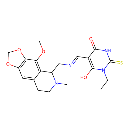 (E)-1-ethyl-5-((((4-methoxy-6-methyl-5,6,7,8-tetrahydro-[1,3]dioxolo[4,5-g]isoquinolin-5-yl)methyl)amino)methylene)-2-thioxodihydropyrimidine-4,6(1H,5H)-dione structure