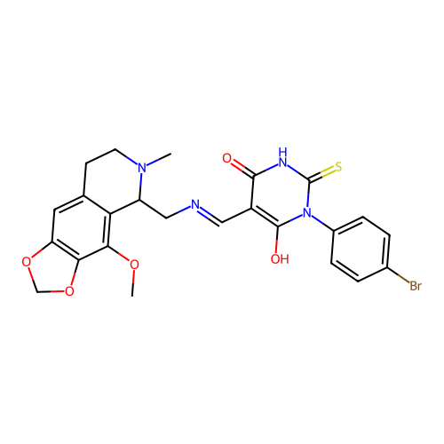 (5E)-1-(4-bromophenyl)-5-({[(4-methoxy-6-methyl-5,6,7,8-tetrahydro[1,3]dioxolo[4,5-g]isoquinolin-5-yl)methyl]amino}methylidene)-2-thioxodihydropyrimidine-4,6(1H,5H)-dione structure