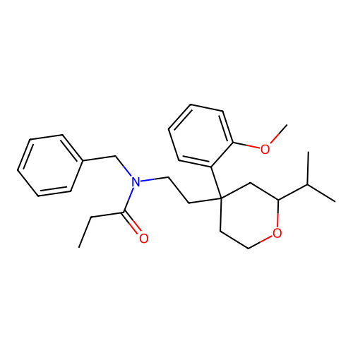 N-benzyl-N-(2-(2-isopropyl-4-(2-methoxyphenyl)tetrahydro-2H-pyran-4-yl)ethyl)propionamide structure
