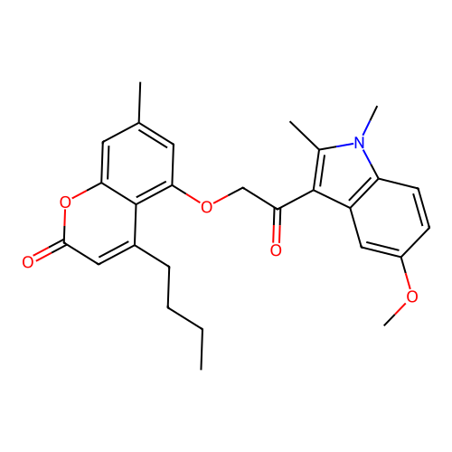4-butyl-5-(2-(5-methoxy-1,2-dimethyl-1H-indol-3-yl)-2-oxoethoxy)-7-methyl-2H-chromen-2-one structure