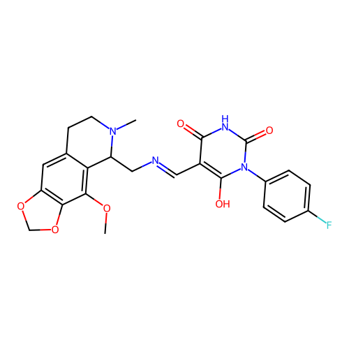 (5E)-1-(4-fluorophenyl)-5-({[(4-methoxy-6-methyl-5,6,7,8-tetrahydro[1,3]dioxolo[4,5-g]isoquinolin-5-yl)methyl]amino}methylidene)pyrimidine-2,4,6(1H,3H,5H)-trione structure