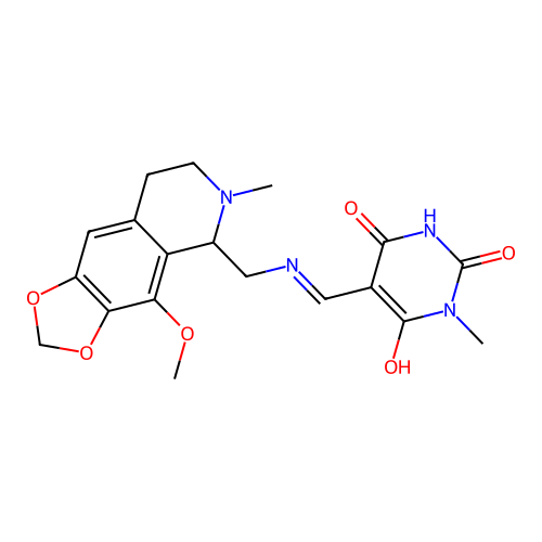 (E)-5-((((4-methoxy-6-methyl-5,6,7,8-tetrahydro-[1,3]dioxolo[4,5-g]isoquinolin-5-yl)methyl)amino)methylene)-1-methylpyrimidine-2,4,6(1H,3H,5H)-trione structure