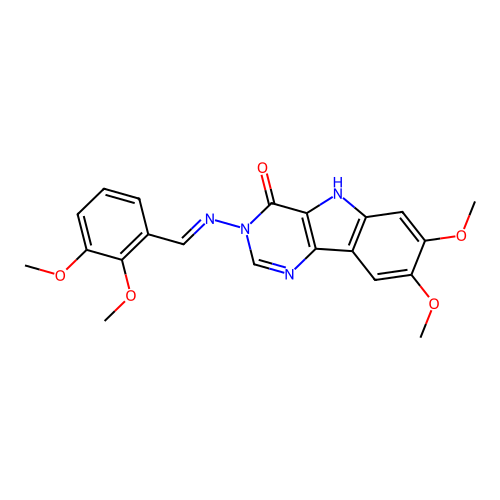 (E)-3-((2,3-dimethoxybenzylidene)amino)-7,8-dimethoxy-3H-pyrimido[5,4-b]indol-4(5H)-one structure