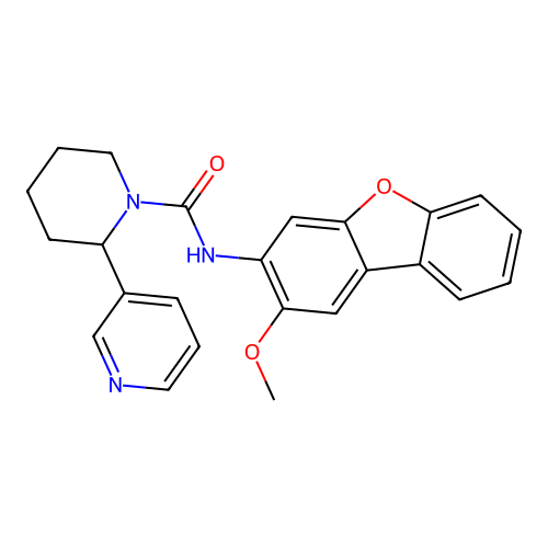 N-(2-methoxydibenzo[b,d]furan-3-yl)-2-(pyridin-3-yl)piperidine-1-carboxamide structure
