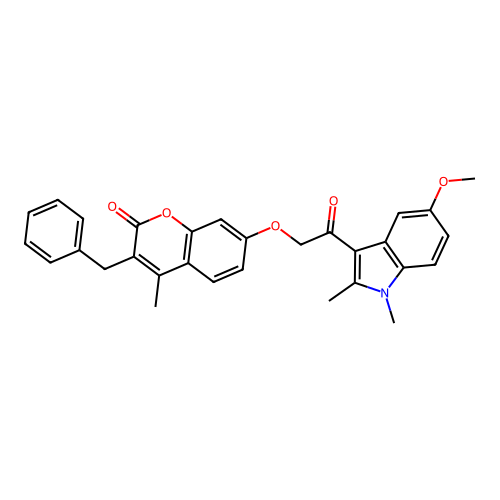 3-benzyl-7-(2-(5-methoxy-1,2-dimethyl-1H-indol-3-yl)-2-oxoethoxy)-4-methyl-2H-chromen-2-one structure
