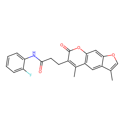 3-(3,5-dimethyl-7-oxo-7H-furo[3,2-g]chromen-6-yl)-N-(2-fluorophenyl)propanamide structure