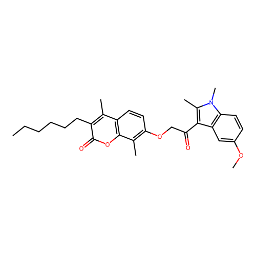 3-hexyl-7-(2-(5-methoxy-1,2-dimethyl-1H-indol-3-yl)-2-oxoethoxy)-4,8-dimethyl-2H-chromen-2-one structure