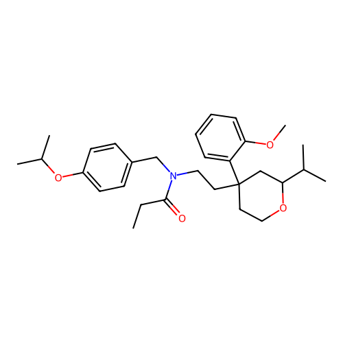N-(4-isopropoxybenzyl)-N-(2-(2-isopropyl-4-(2-methoxyphenyl)tetrahydro-2H-pyran-4-yl)ethyl)propionamide structure