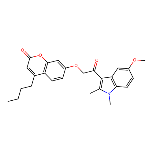 4-butyl-7-(2-(5-methoxy-1,2-dimethyl-1H-indol-3-yl)-2-oxoethoxy)-2H-chromen-2-one structure