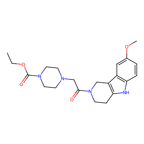 ethyl 4-(2-(8-methoxy-3,4-dihydro-1H-pyrido[4,3-b]indol-2(5H)-yl)-2-oxoethyl)piperazine-1-carboxylate structure
