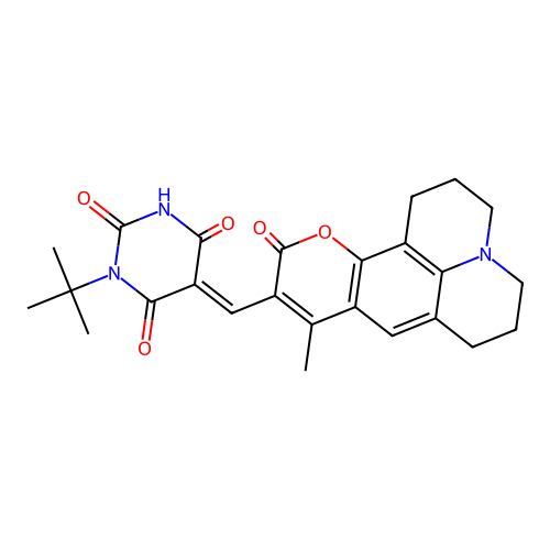 (E)-1-(tert-butyl)-5-((9-methyl-11-oxo-2,3,5,6,7,11-hexahydro-1H-pyrano[2,3-f]pyrido[3,2,1-ij]quinolin-10-yl)methylene)pyrimidine-2,4,6(1H,3H,5H)-trione structure