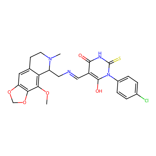 (Z)-1-(4-chlorophenyl)-5-((((4-methoxy-6-methyl-5,6,7,8-tetrahydro-[1,3]dioxolo[4,5-g]isoquinolin-5-yl)methyl)amino)methylene)-2-thioxodihydropyrimidine-4,6(1H,5H)-dione structure