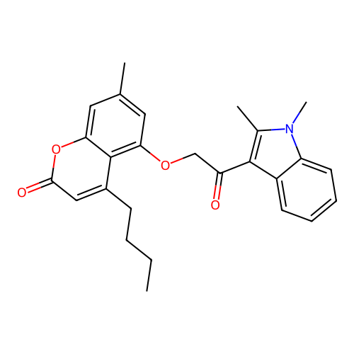 4-butyl-5-(2-(1,2-dimethyl-1H-indol-3-yl)-2-oxoethoxy)-7-methyl-2H-chromen-2-one structure