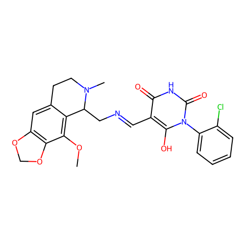 (5E)-1-(2-chlorophenyl)-5-[[(4-methoxy-6-methyl-7,8-dihydro-5H-[1,3]dioxolo[4,5-g]isoquinolin-5-yl)methylamino]methylidene]-1,3-diazinane-2,4,6-trione structure