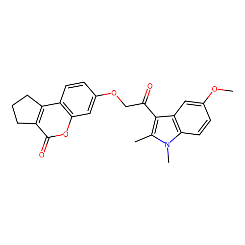 7-(2-(5-methoxy-1,2-dimethyl-1H-indol-3-yl)-2-oxoethoxy)-2,3-dihydrocyclopenta[c]chromen-4(1H)-one structure