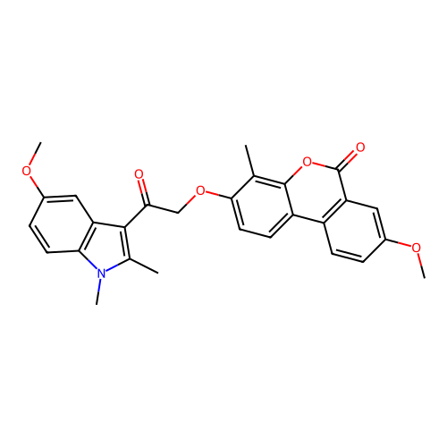 8-methoxy-3-(2-(5-methoxy-1,2-dimethyl-1H-indol-3-yl)-2-oxoethoxy)-4-methyl-6H-benzo[c]chromen-6-one structure