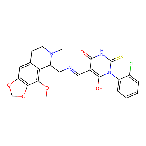 (5Z)-1-(2-chlorophenyl)-5-({[(4-methoxy-6-methyl-5,6,7,8-tetrahydro[1,3]dioxolo[4,5-g]isoquinolin-5-yl)methyl]amino}methylidene)-2-thioxodihydropyrimidine-4,6(1H,5H)-dione structure