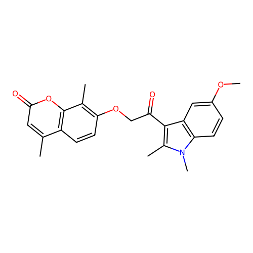 7-(2-(5-methoxy-1,2-dimethyl-1H-indol-3-yl)-2-oxoethoxy)-4,8-dimethyl-2H-chromen-2-one structure
