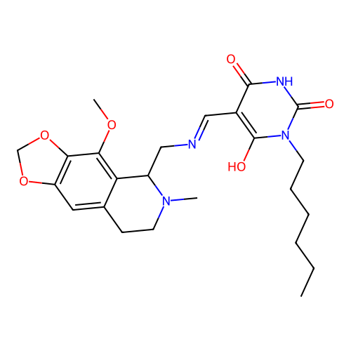 (E)-1-hexyl-5-((((4-methoxy-6-methyl-5,6,7,8-tetrahydro-[1,3]dioxolo[4,5-g]isoquinolin-5-yl)methyl)amino)methylene)pyrimidine-2,4,6(1H,3H,5H)-trione structure