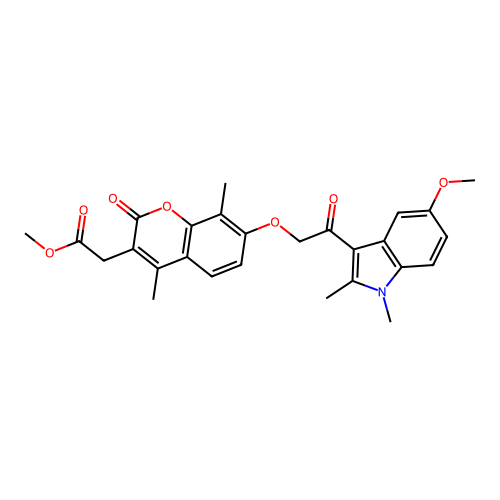 methyl 2-(7-(2-(5-methoxy-1,2-dimethyl-1H-indol-3-yl)-2-oxoethoxy)-4,8-dimethyl-2-oxo-2H-chromen-3-yl)acetate structure
