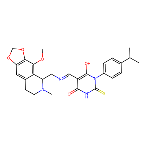 (Z)-1-(4-isopropylphenyl)-5-((((4-methoxy-6-methyl-5,6,7,8-tetrahydro-[1,3]dioxolo[4,5-g]isoquinolin-5-yl)methyl)amino)methylene)-2-thioxodihydropyrimidine-4,6(1H,5H)-dione structure