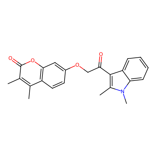 7-(2-(1,2-dimethyl-1H-indol-3-yl)-2-oxoethoxy)-3,4-dimethyl-2H-chromen-2-one structure