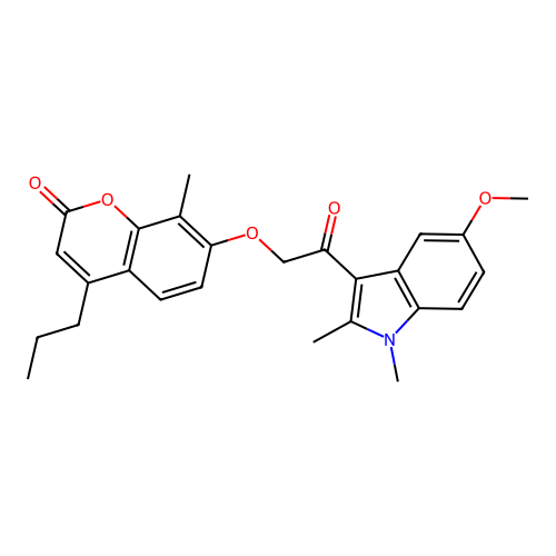 7-(2-(5-methoxy-1,2-dimethyl-1H-indol-3-yl)-2-oxoethoxy)-8-methyl-4-propyl-2H-chromen-2-one structure