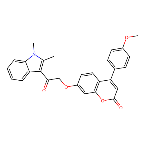 7-(2-(1,2-dimethyl-1H-indol-3-yl)-2-oxoethoxy)-4-(4-methoxyphenyl)-2H-chromen-2-one structure