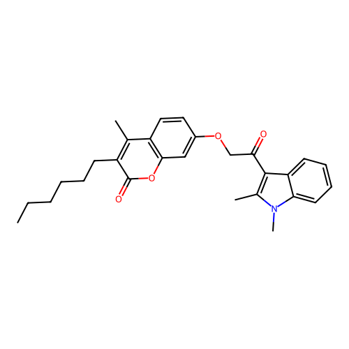 7-(2-(1,2-dimethyl-1H-indol-3-yl)-2-oxoethoxy)-3-hexyl-4-methyl-2H-chromen-2-one structure