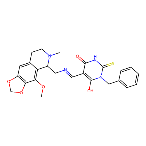(5E)-1-benzyl-5-[[(4-methoxy-6-methyl-7,8-dihydro-5H-[1,3]dioxolo[4,5-g]isoquinolin-5-yl)methylamino]methylidene]-2-sulfanylidene-1,3-diazinane-4,6-dione structure