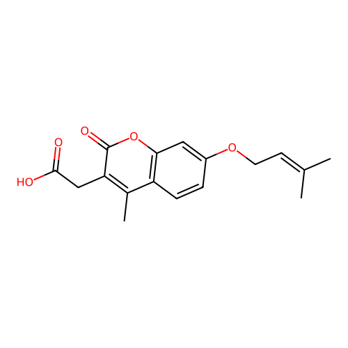 {4-methyl-7-[(3-methylbut-2-en-1-yl)oxy]-2-oxo-2H-chromen-3-yl}acetic acid structure