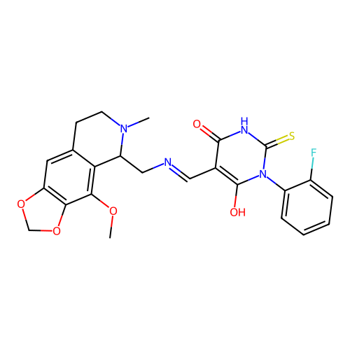 (5E)-1-(2-fluorophenyl)-5-[[(4-methoxy-6-methyl-7,8-dihydro-5H-[1,3]dioxolo[4,5-g]isoquinolin-5-yl)methylamino]methylidene]-2-sulfanylidene-1,3-diazinane-4,6-dione structure