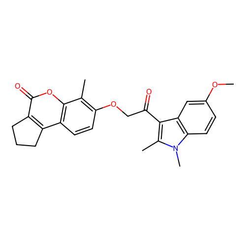 7-(2-(5-methoxy-1,2-dimethyl-1H-indol-3-yl)-2-oxoethoxy)-6-methyl-2,3-dihydrocyclopenta[c]chromen-4(1H)-one structure