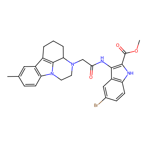 methyl 5-bromo-3-(2-(8-methyl-3a,4,5,6-tetrahydro-1H-pyrazino[3,2,1-jk]carbazol-3(2H)-yl)acetamido)-1H-indole-2-carboxylate structure