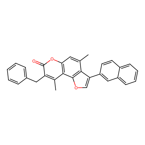 8-benzyl-4,9-dimethyl-3-(naphthalen-2-yl)-7H-furo[2,3-f]chromen-7-one structure