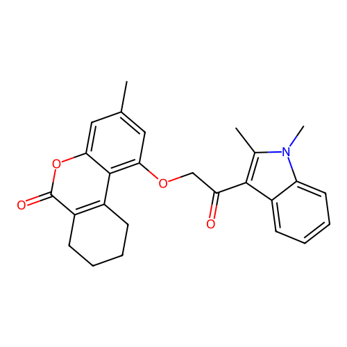 1-(2-(1,2-dimethyl-1H-indol-3-yl)-2-oxoethoxy)-3-methyl-7,8,9,10-tetrahydro-6H-benzo[c]chromen-6-one structure