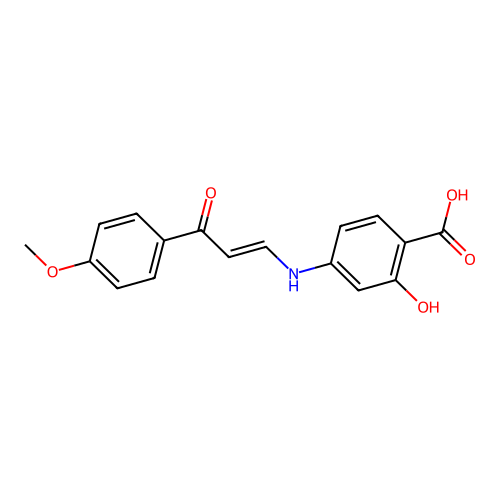 (E)-2-hydroxy-4-((3-(4-methoxyphenyl)-3-oxoprop-1-en-1-yl)amino)benzoic acid structure