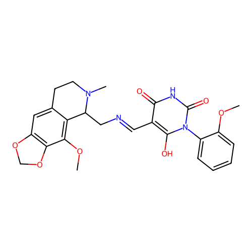(5E)-5-[[(4-methoxy-6-methyl-7,8-dihydro-5H-[1,3]dioxolo[4,5-g]isoquinolin-5-yl)methylamino]methylidene]-1-(2-methoxyphenyl)-1,3-diazinane-2,4,6-trione structure