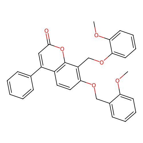 7-((2-methoxybenzyl)oxy)-8-((2-methoxyphenoxy)methyl)-4-phenyl-2H-chromen-2-one structure
