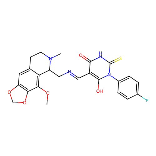 (Z)-1-(4-fluorophenyl)-5-((((4-methoxy-6-methyl-5,6,7,8-tetrahydro-[1,3]dioxolo[4,5-g]isoquinolin-5-yl)methyl)amino)methylene)-2-thioxodihydropyrimidine-4,6(1H,5H)-dione structure