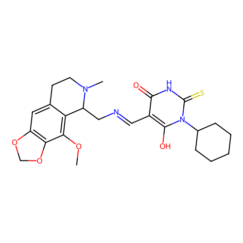 (Z)-1-cyclohexyl-5-((((4-methoxy-6-methyl-5,6,7,8-tetrahydro-[1,3]dioxolo[4,5-g]isoquinolin-5-yl)methyl)amino)methylene)-2-thioxodihydropyrimidine-4,6(1H,5H)-dione structure